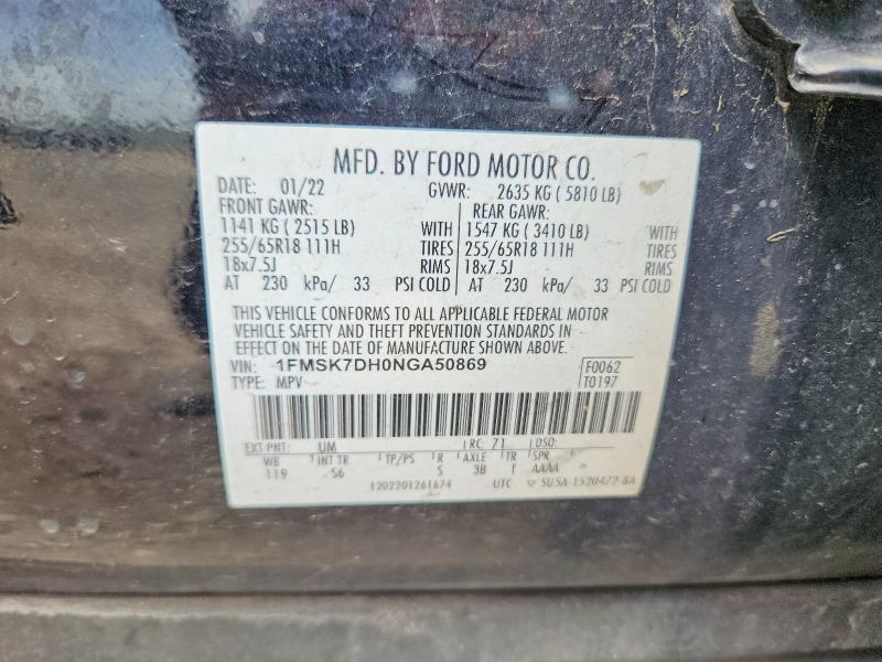2022 Ford Explorer მანქანა იყიდება აუქციონზე, vin: 1FMSK7DH0NGA50869, აუქციონის ნომერი: 61751456