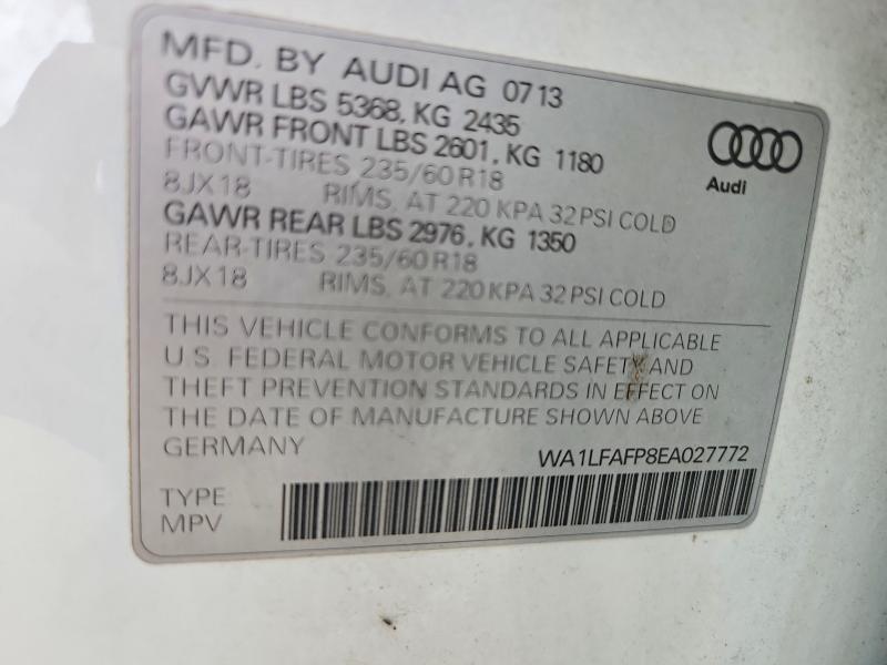 2014 Audi Q5 მანქანა იყიდება აუქციონზე, vin: WA1LFAFP8EA027772, აუქციონის ნომერი: 61792086