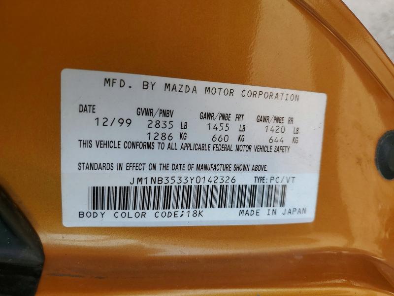 Aukcja sprzedaży 2000 Mazda Mx-5 Miata, vin: JM1NB3533Y0142326, numer aukcji: 61141516
