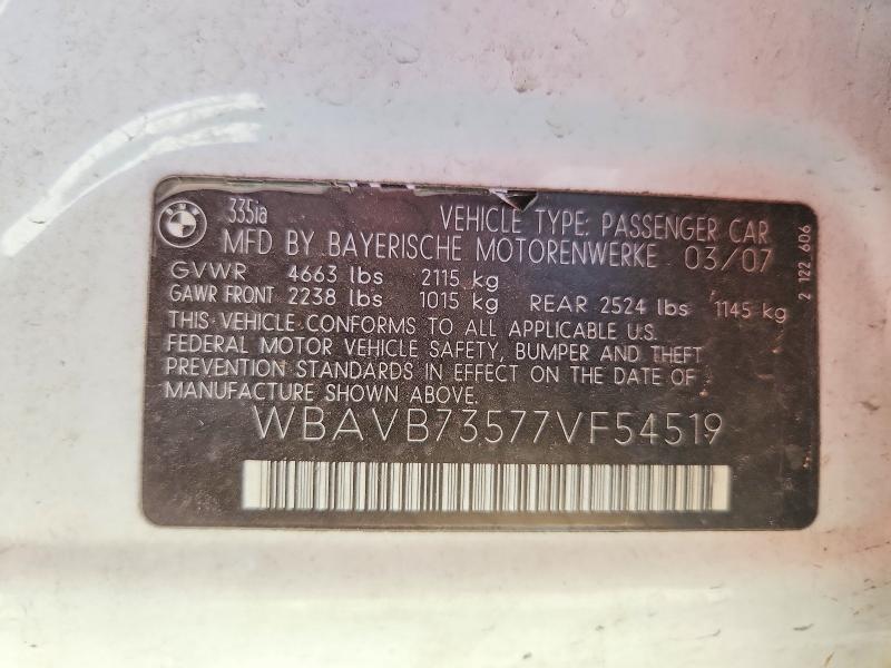 Продаж на аукціоні авто 2007 Bmw 335, vin: WBAVB73577VF54519, номер лоту: 62828356