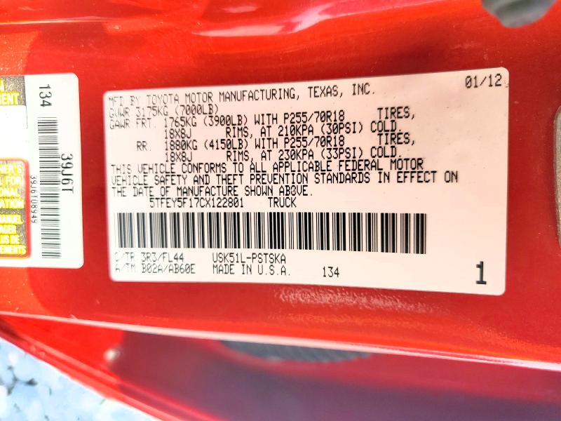 Aukcja sprzedaży 2012 Toyota Tundra, vin: 5TFEY5F17CX122801, numer aukcji: 60524866
