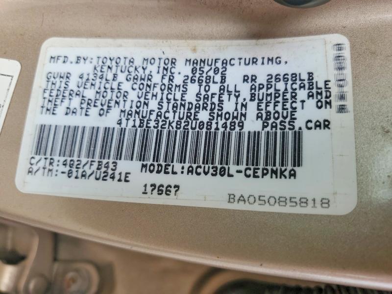Aukcja sprzedaży 2002 Toyota Camry, vin: 4T1BE32K82U081489, numer aukcji: 62286966