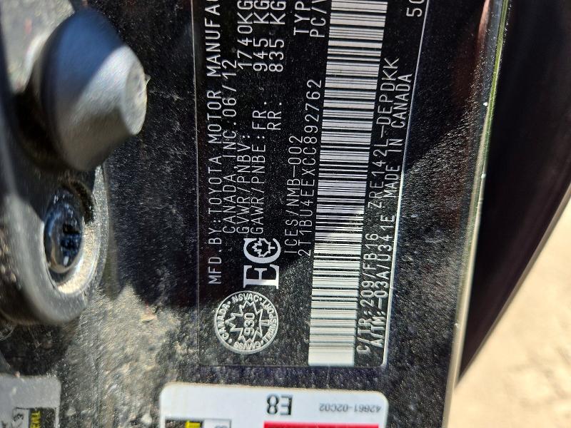 2012 Toyota Corolla მანქანა იყიდება აუქციონზე, vin: 2T1BU4EEXCC892762, აუქციონის ნომერი: 60485346