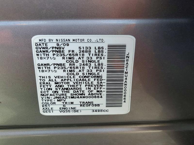 Продаж на аукціоні авто 2010 Nissan Murano, vin: JN8AZ1MU4AW000664, номер лоту: 85979145