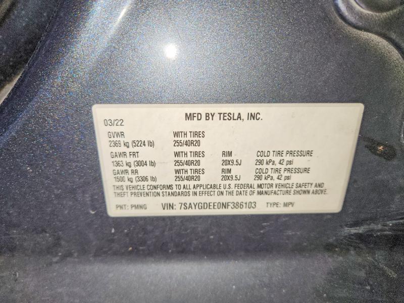 Aukcja sprzedaży 2022 Tesla Model Y, vin: 7SAYGDEE0NF386103, numer aukcji: 62848776