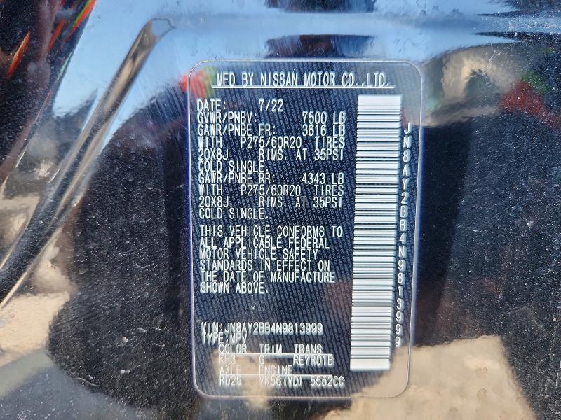 Aukcja sprzedaży 2022 Nissan Armada, vin: JN8AY2BB4N9813999, numer aukcji: 62664396