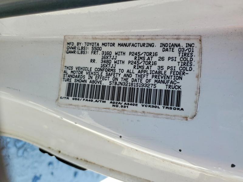 Продажа на аукционе авто 2001 Toyota Tundra, vin: 5TBJN32181S193275, номер лота: 60191676