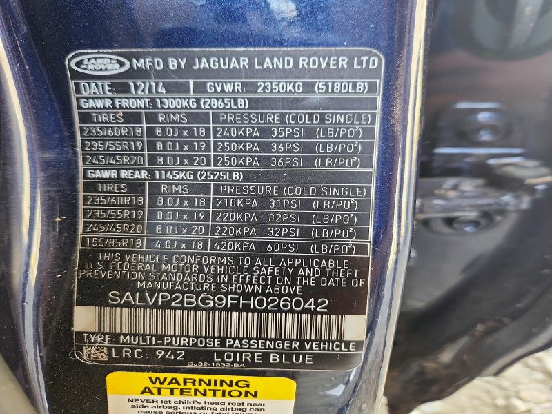 Aukcja sprzedaży 2015 Land Rover Range Rover Evoque, vin: SALVP2BG9FH026042, numer aukcji: 58556406
