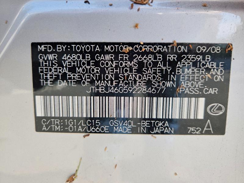 Aukcja sprzedaży 2009 Lexus Es, vin: JTHBJ46G592284677, numer aukcji: 61428076