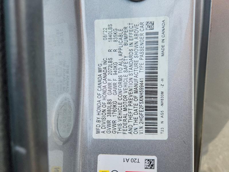 2022 Honda Civic მანქანა იყიდება აუქციონზე, vin: 2HGFE2F5XNH599441, აუქციონის ნომერი: 61969336