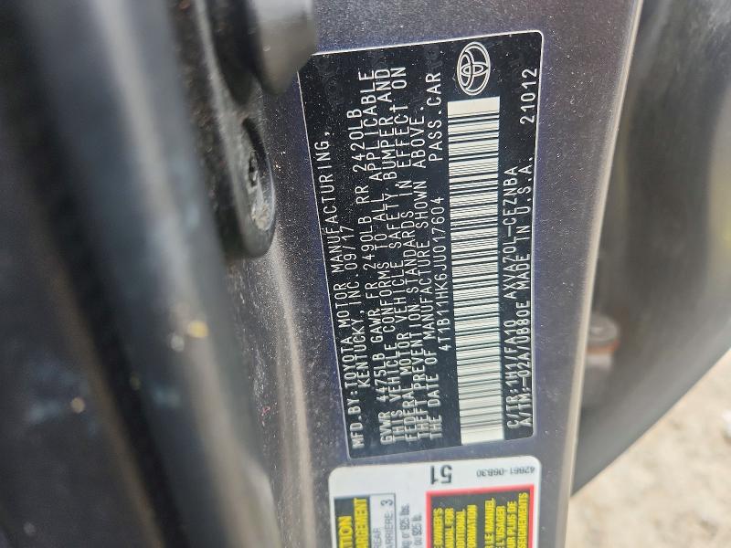 Продажа на аукционе авто 2018 Toyota Camry, vin: 4T1B11HK6JU017604, номер лота: 63224276