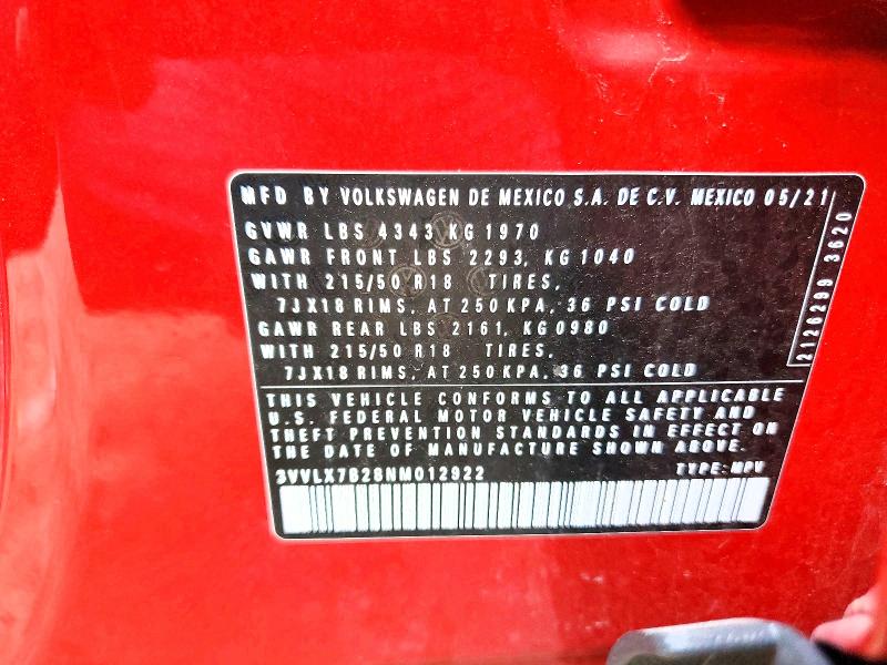 Aukcja sprzedaży 2022 Volkswagen Taos, vin: 3VVLX7B28NM012922, numer aukcji: 63474576