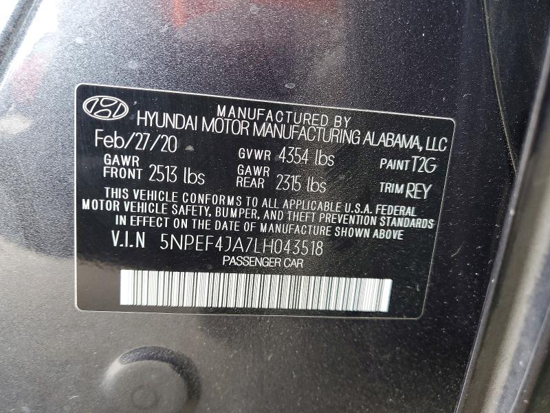2020 Hyundai Sonata მანქანა იყიდება აუქციონზე, vin: 5NPEF4JA7LH043518, აუქციონის ნომერი: 61966416