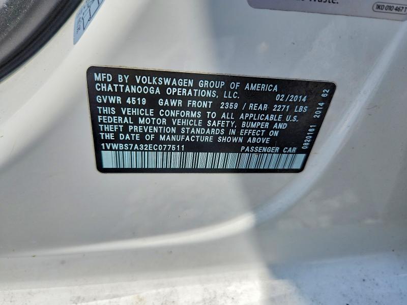 59738756 :رقم المزاد ، 1VWBS7A32EC077511 vin ، 2014 Volkswagen Passat مزاد بيع
