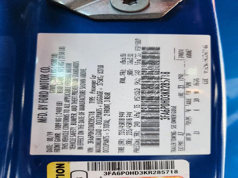 63585686 :رقم المزاد ، 3FA6P0HD3KR285718 vin ، 2019 Ford Fusion مزاد بيع