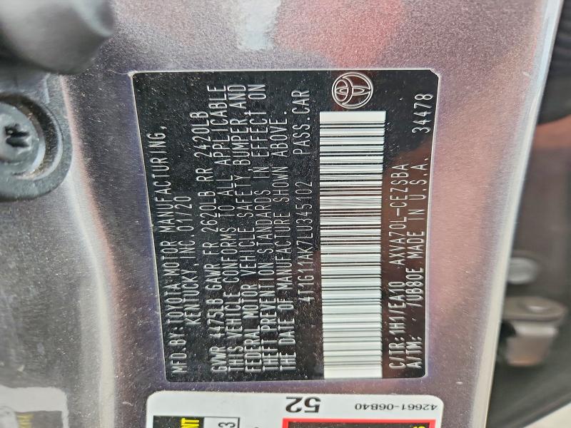 61358936 :رقم المزاد ، 4T1G11AK7LU345102 vin ، 2020 Toyota Camry مزاد بيع