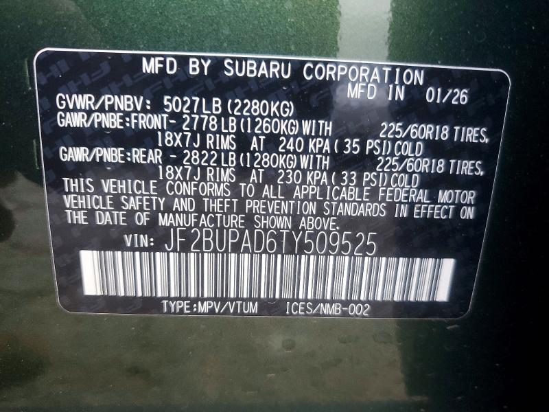 59378396 :رقم المزاد ، JF2BUPAD6TY509525 vin ، 2026 Subaru Outback مزاد بيع
