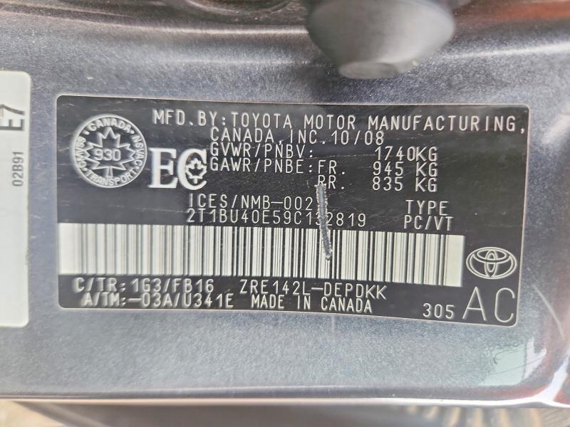 2009 Toyota Corolla მანქანა იყიდება აუქციონზე, vin: 2T1BU40E59C132819, აუქციონის ნომერი: 61632276