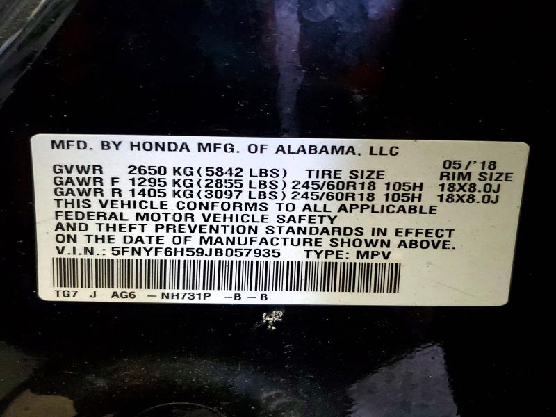 Aukcja sprzedaży 2018 Honda Pilot, vin: 5FNYF6H59JB057935, numer aukcji: 63021266