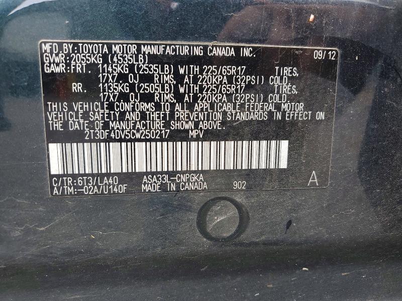 Aukcja sprzedaży 2012 Toyota Rav4, vin: 2T3DF4DV5CW250217, numer aukcji: 59539466