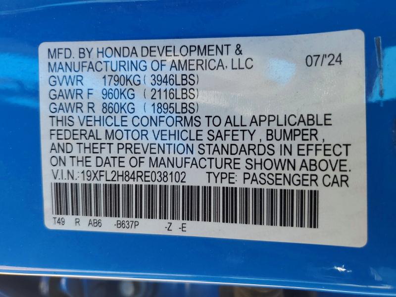 Aukcja sprzedaży 2024 Honda Civic, vin: 19XFL2H84RE038102, numer aukcji: 59744146