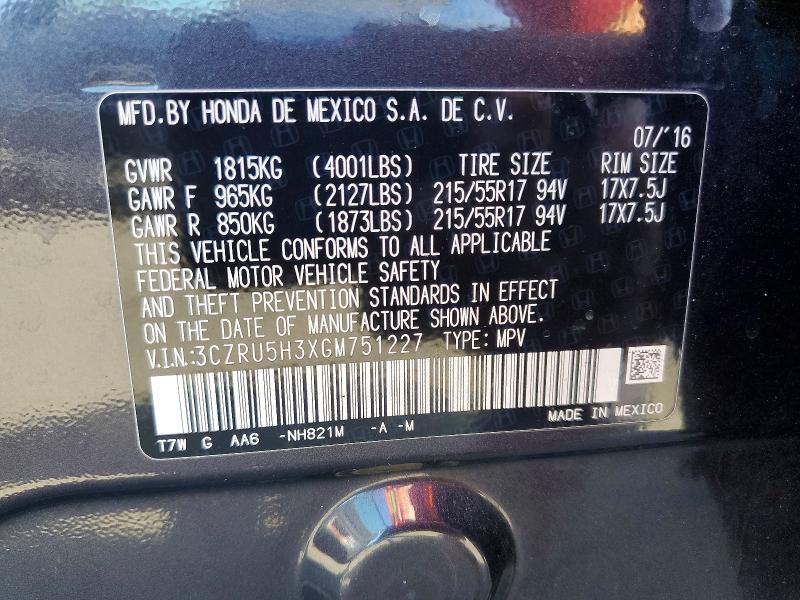 2016 Honda Hr-v მანქანა იყიდება აუქციონზე, vin: 3CZRU5H3XGM751227, აუქციონის ნომერი: 62159426