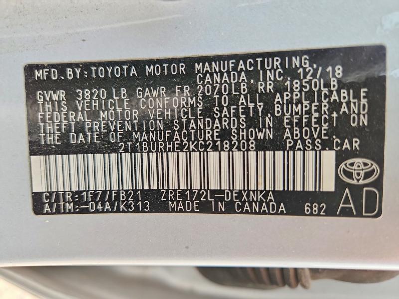 2019 Toyota Corolla მანქანა იყიდება აუქციონზე, vin: 2T1BURHE2KC218208, აუქციონის ნომერი: 61533116