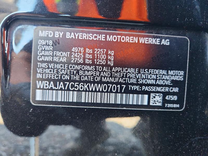 61616756 :رقم المزاد ، WBAJA7C56KWW07017 vin ، 2019 Bmw 530 مزاد بيع