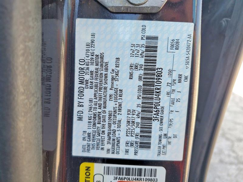 Aukcja sprzedaży 2019 Ford Fusion, vin: 3FA6P0LU4KR109803, numer aukcji: 60620716