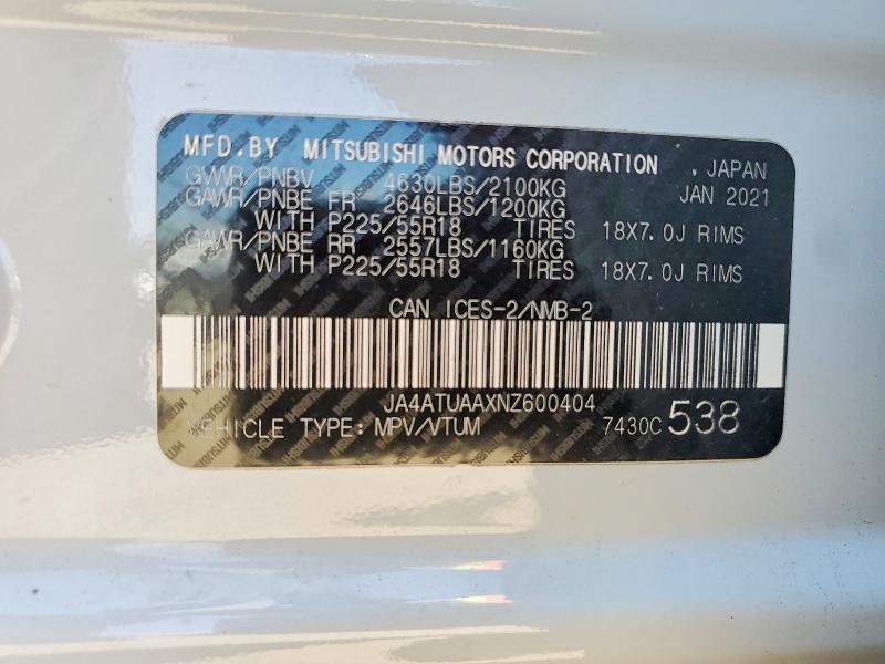 2022 Mitsubishi Eclipse Cross მანქანა იყიდება აუქციონზე, vin: JA4ATUAAXNZ600404, აუქციონის ნომერი: 59292226