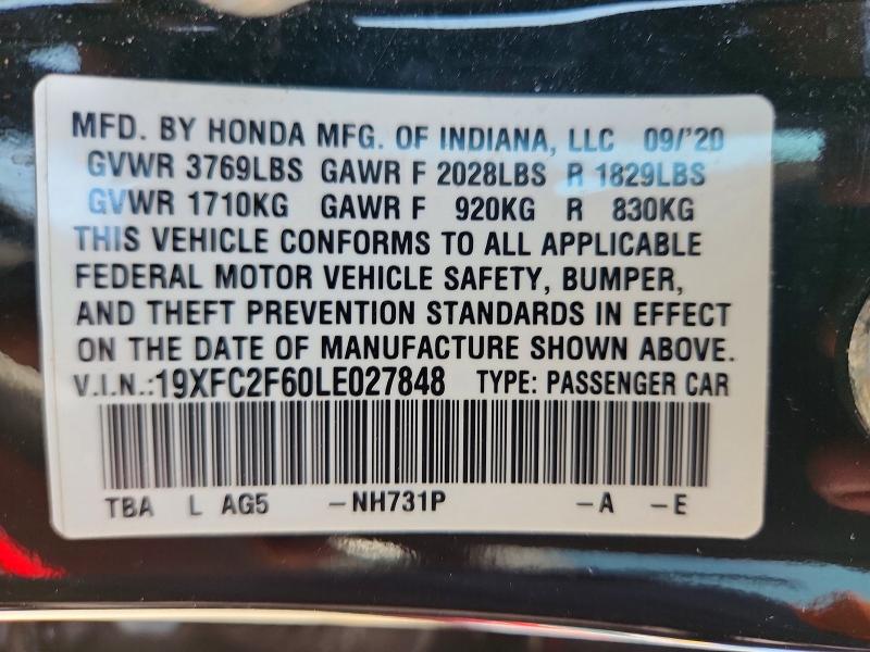 59374046 :رقم المزاد ، 19XFC2F60LE027848 vin ، 2020 Honda Civic مزاد بيع