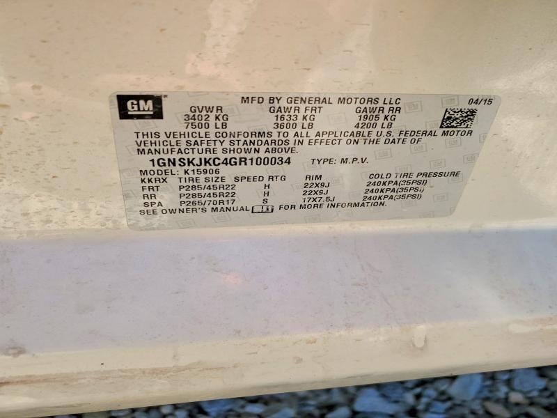2016 Chevrolet Suburban მანქანა იყიდება აუქციონზე, vin: 1GNSKJKC4GR100034, აუქციონის ნომერი: 60495786