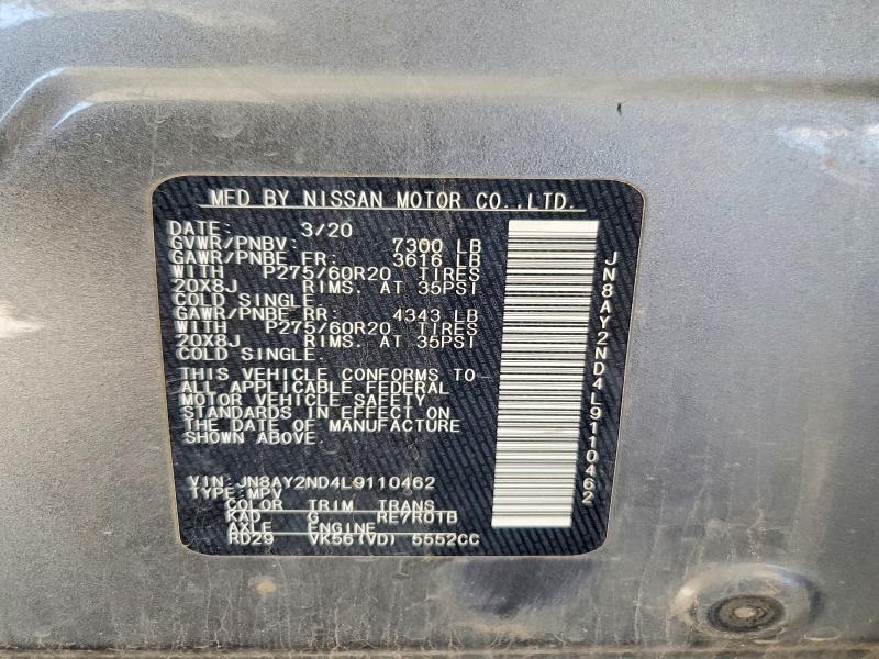 2020 Nissan Armada მანქანა იყიდება აუქციონზე, vin: JN8AY2ND4L9110462, აუქციონის ნომერი: 60174496