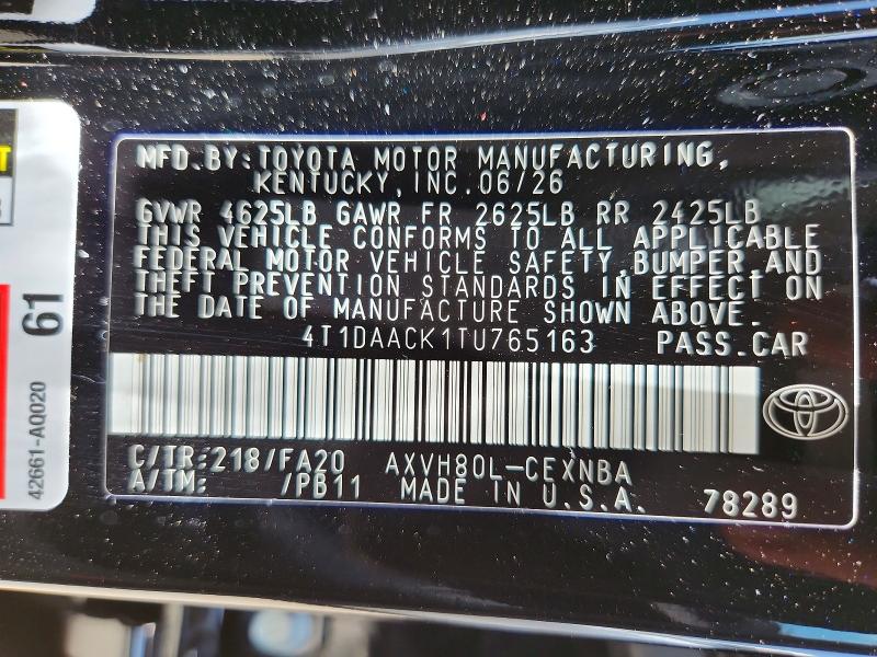 Aukcja sprzedaży 2026 Toyota Camry, vin: 4T1DAACK1TU765163, numer aukcji: 61125166