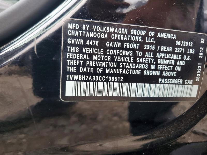 2012 Volkswagen Passat მანქანა იყიდება აუქციონზე, vin: 1VWBH7A33CC106512, აუქციონის ნომერი: 62460926