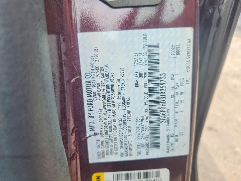 Auction sale of the 2018 Ford Fusion, vin: 3FA6P0HD3JR259733, lot number: 61123356