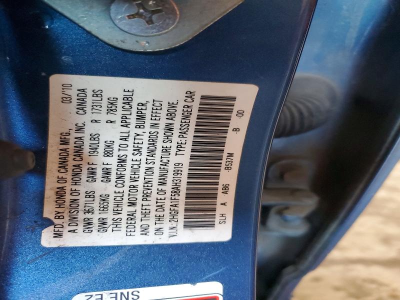 Aukcja sprzedaży 2010 Honda Civic, vin: 2HGFA1F58AH319919, numer aukcji: 59852416