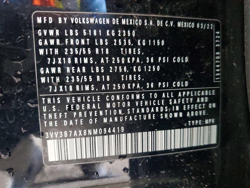 Продажа на аукционе авто 2022 Volkswagen Tiguan, vin: 3VV3B7AX8NM094419, номер лота: 60548266
