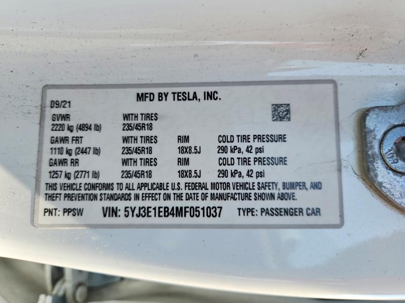 62009356 :رقم المزاد ، 5YJ3E1EB4MF051037 vin ، 2021 Tesla Model 3 مزاد بيع
