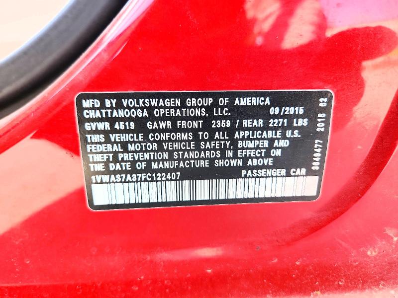 Aukcja sprzedaży 2015 Volkswagen Passat, vin: 1VWAS7A37FC122407, numer aukcji: 59326156