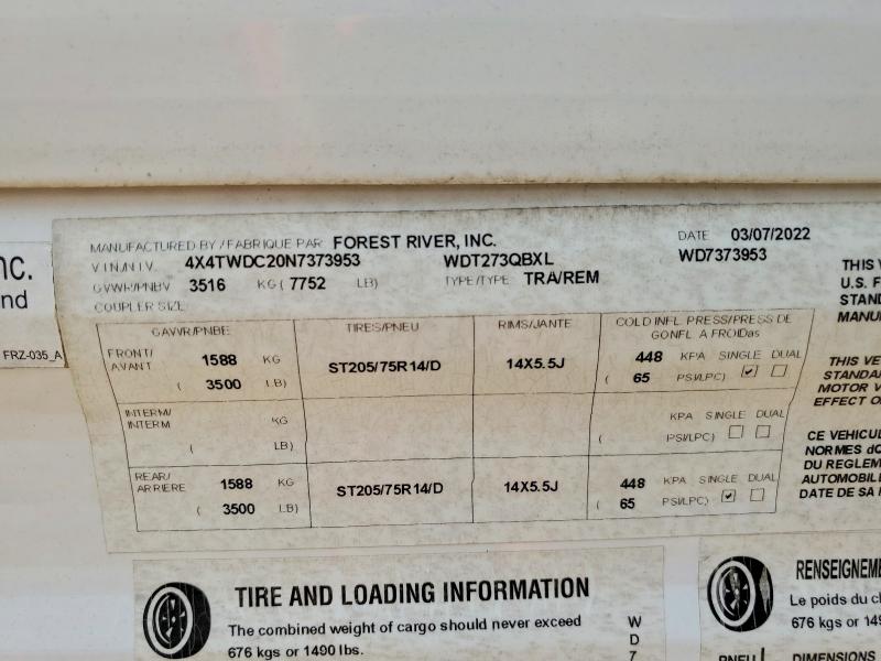 Продаж на аукціоні авто 2022 Forest River Wildwood X-lite, vin: 4X4TWDC20N7373953, номер лоту: 63290376