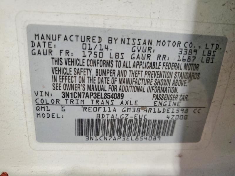 Продаж на аукціоні авто 2014 Nissan Versa, vin: 3N1CN7AP3EL854089, номер лоту: 61381066