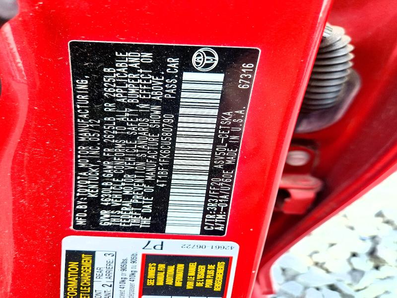 2012 Toyota Camry მანქანა იყიდება აუქციონზე, vin: 4T1BF1FK6CU580790, აუქციონის ნომერი: 60659016