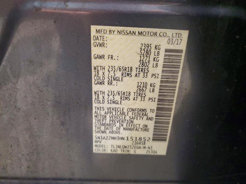 Продажа на аукционе авто 2017 Nissan Murano, vin: 5N1AZ2MH3HN151852, номер лота: 60488026