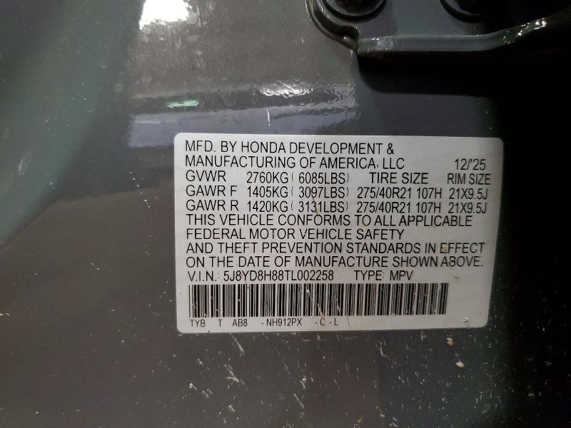 Aukcja sprzedaży 2026 Acura Mdx, vin: 5J8YD8H88TL002258, numer aukcji: 61712716