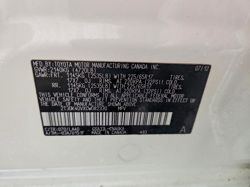 Aukcja sprzedaży 2012 Toyota Rav4, vin: 2T3DK4DVXCW082330, numer aukcji: 59832396