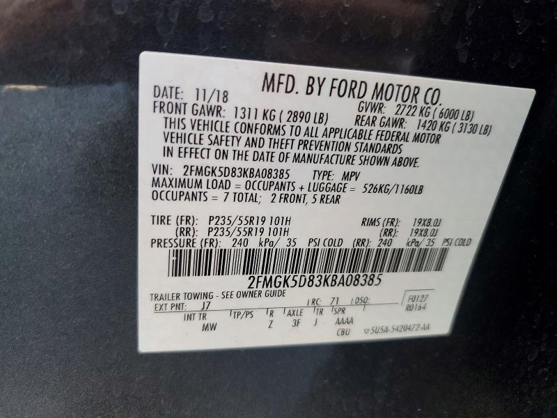 62125316 :رقم المزاد ، 2FMGK5D83KBA08385 vin ، 2019 Ford Flex مزاد بيع