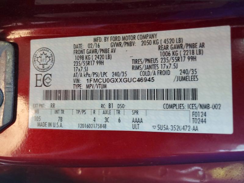 Aukcja sprzedaży 2016 Ford Escape, vin: 1FMCU0GXXGUC46945, numer aukcji: 60659436