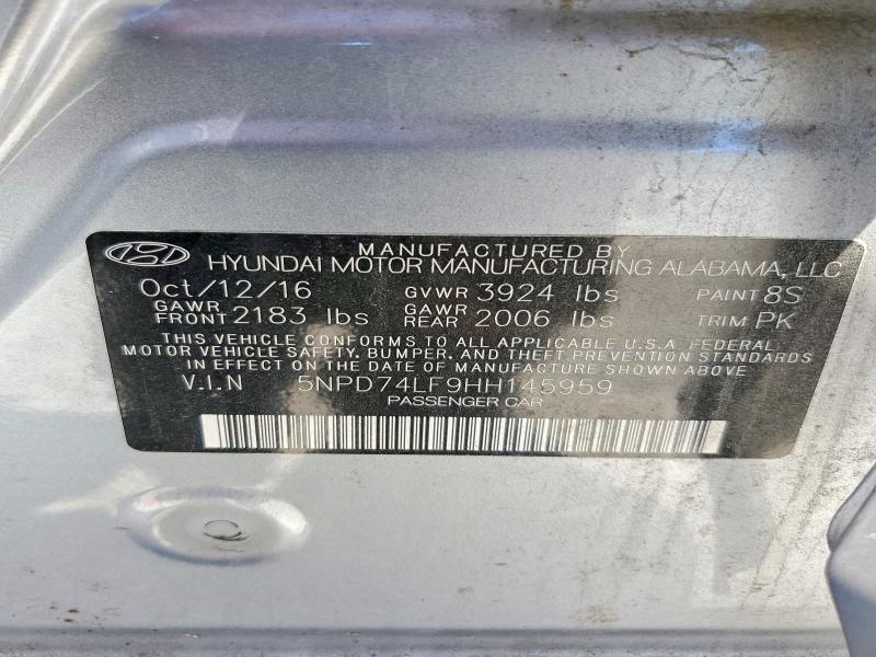 59773926 :رقم المزاد ، 5NPD74LF9HH145959 vin ، 2017 Hyundai Elantra مزاد بيع