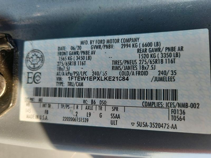61778156 :رقم المزاد ، 1FTEW1EPXLKE21684 vin ، 2020 Ford F150 مزاد بيع